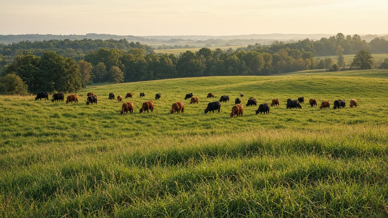 Beef cattle grazing a wide pasture